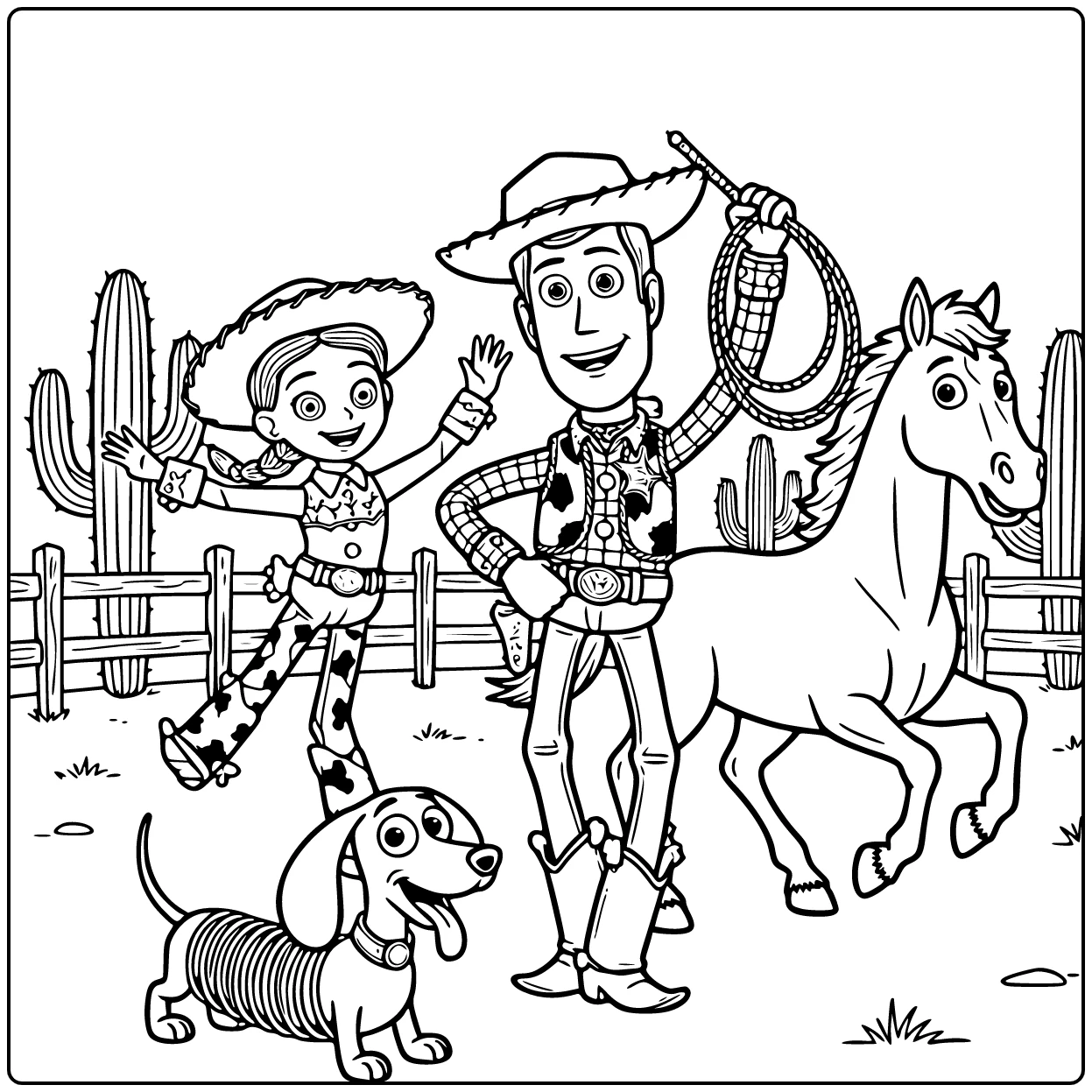 Toy Story coloring page with Woody, Jessie, Slinky Dog, and Bullseye