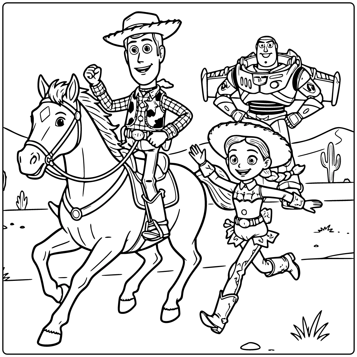 Toy Story coloring page with Woody riding Bullseye