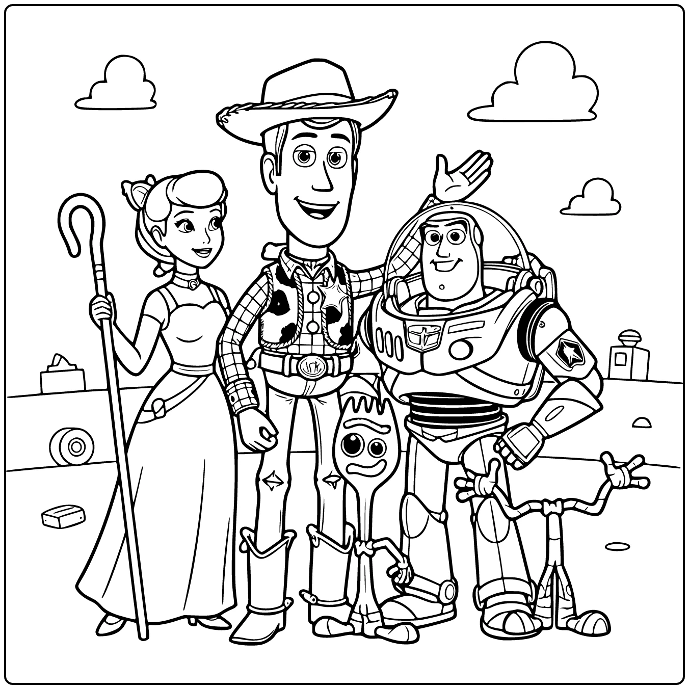 Toy Story coloring page with Woody, Buzz Lightyear, and Bo Peep