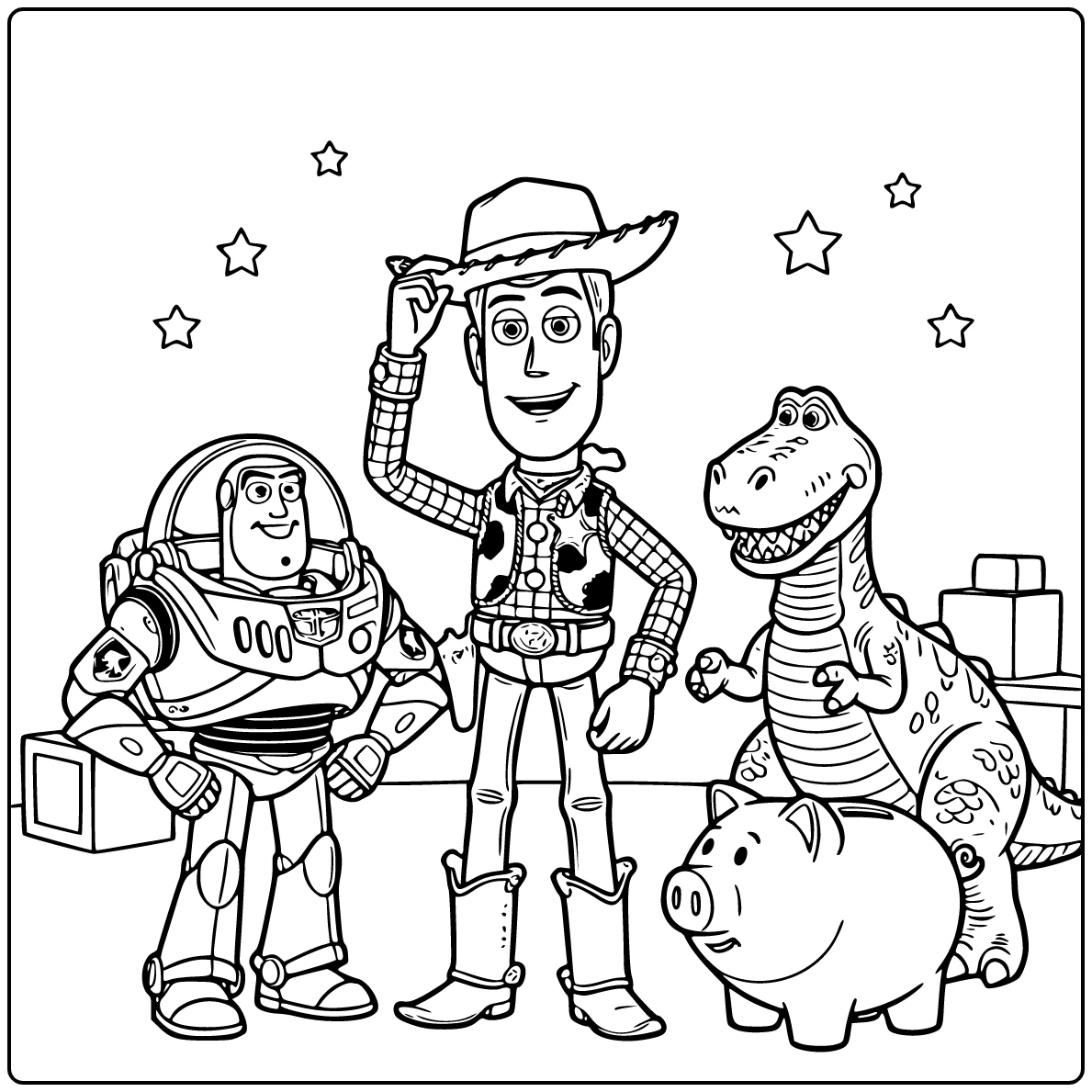 Toy Story coloring page with Woody, Buzz Lightyear, and Rex