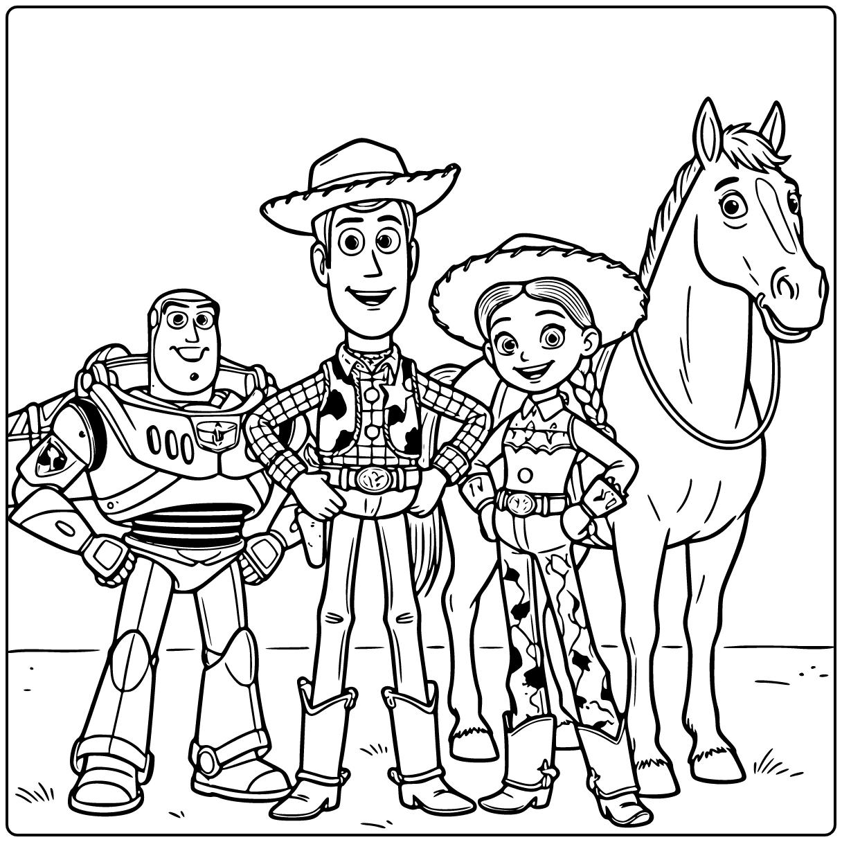 Toy Story coloring page with proud Woody and Buzz Lightyear