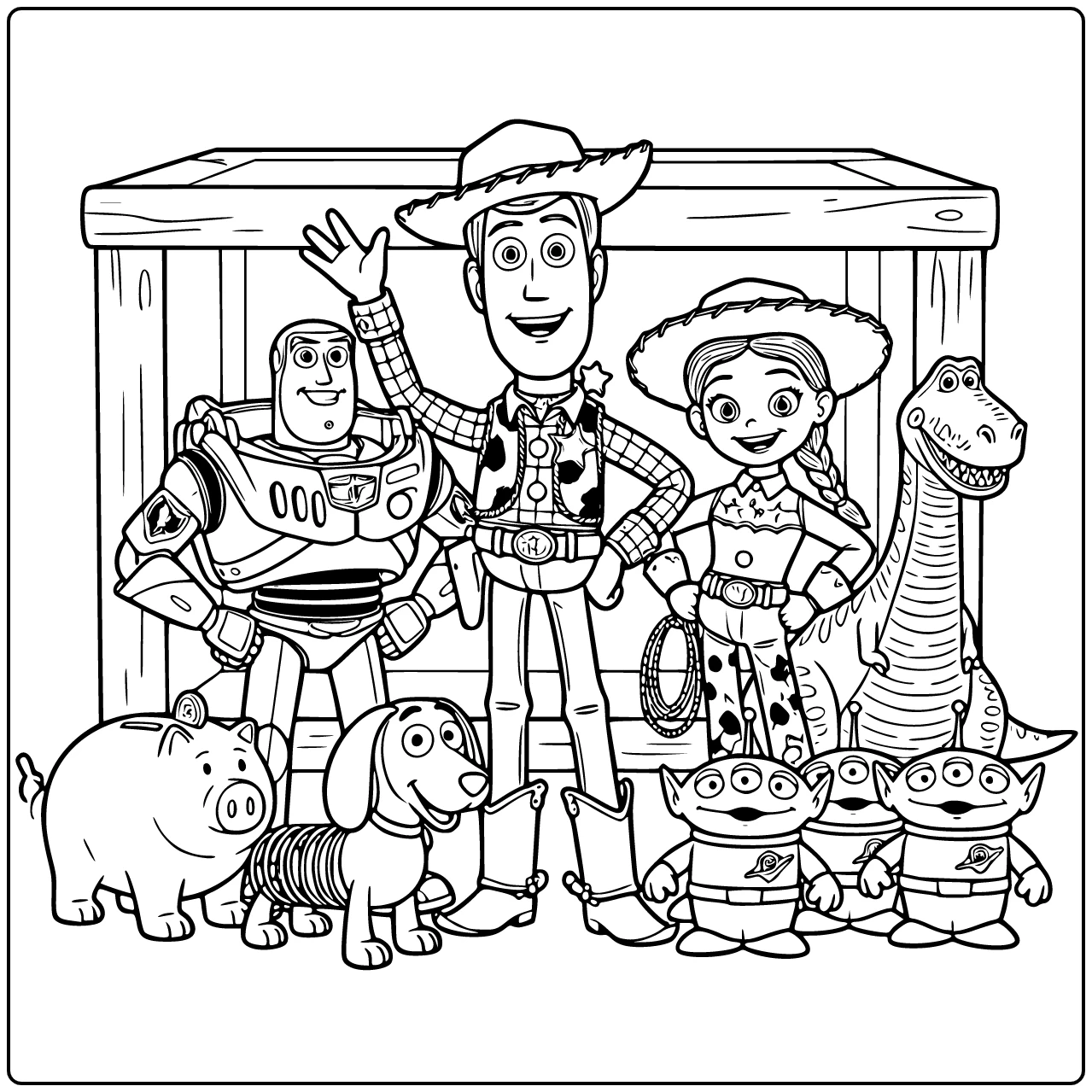 Toy Story coloring page with Woody in the center and Buzz Lightyear