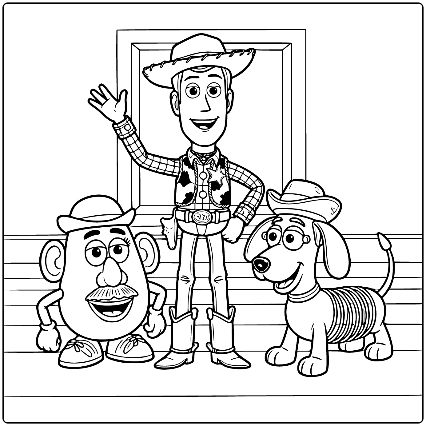 Toy Story coloring page with Woody waving beside the Potato Heads