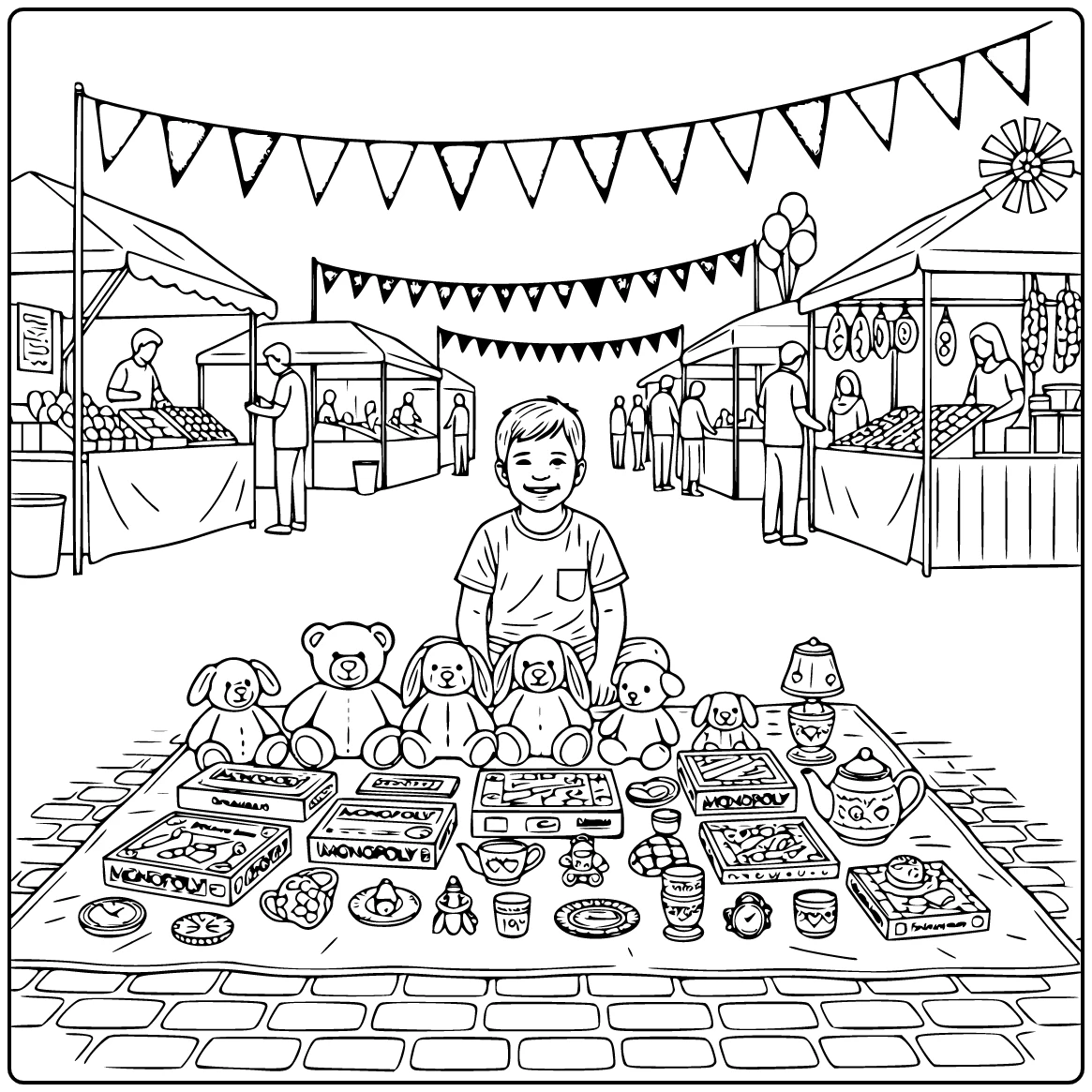Proudly Realistic Child with Stall Flea Market King's Day coloring page