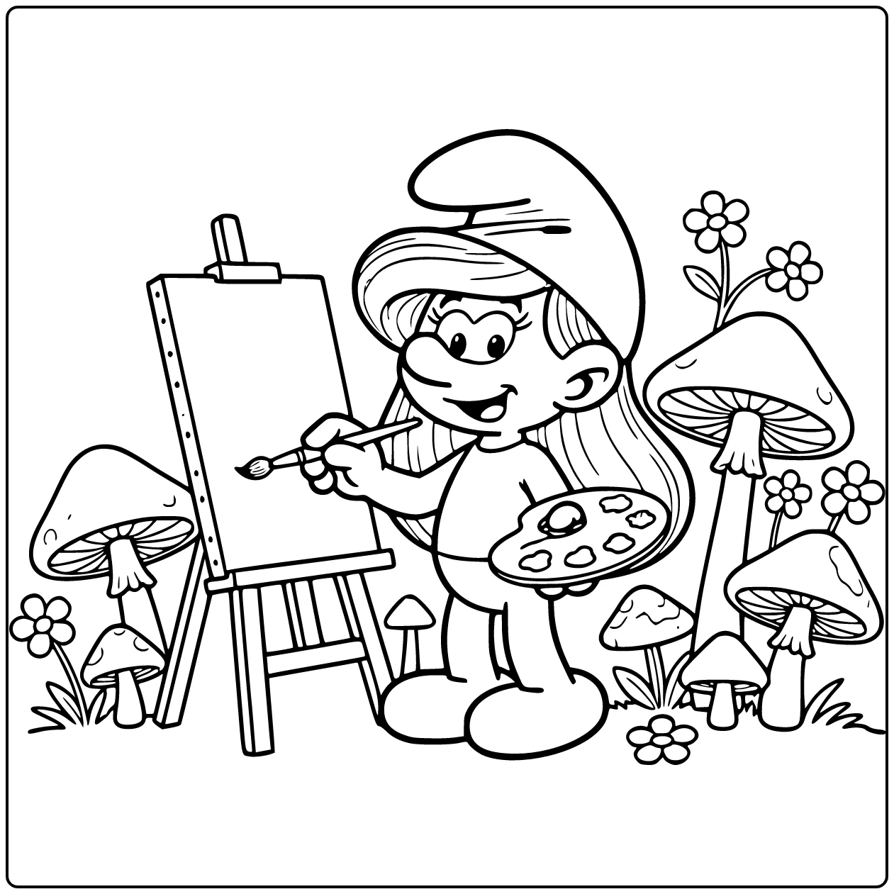 Proudly Painting Smurfette in Smurf Village coloring page