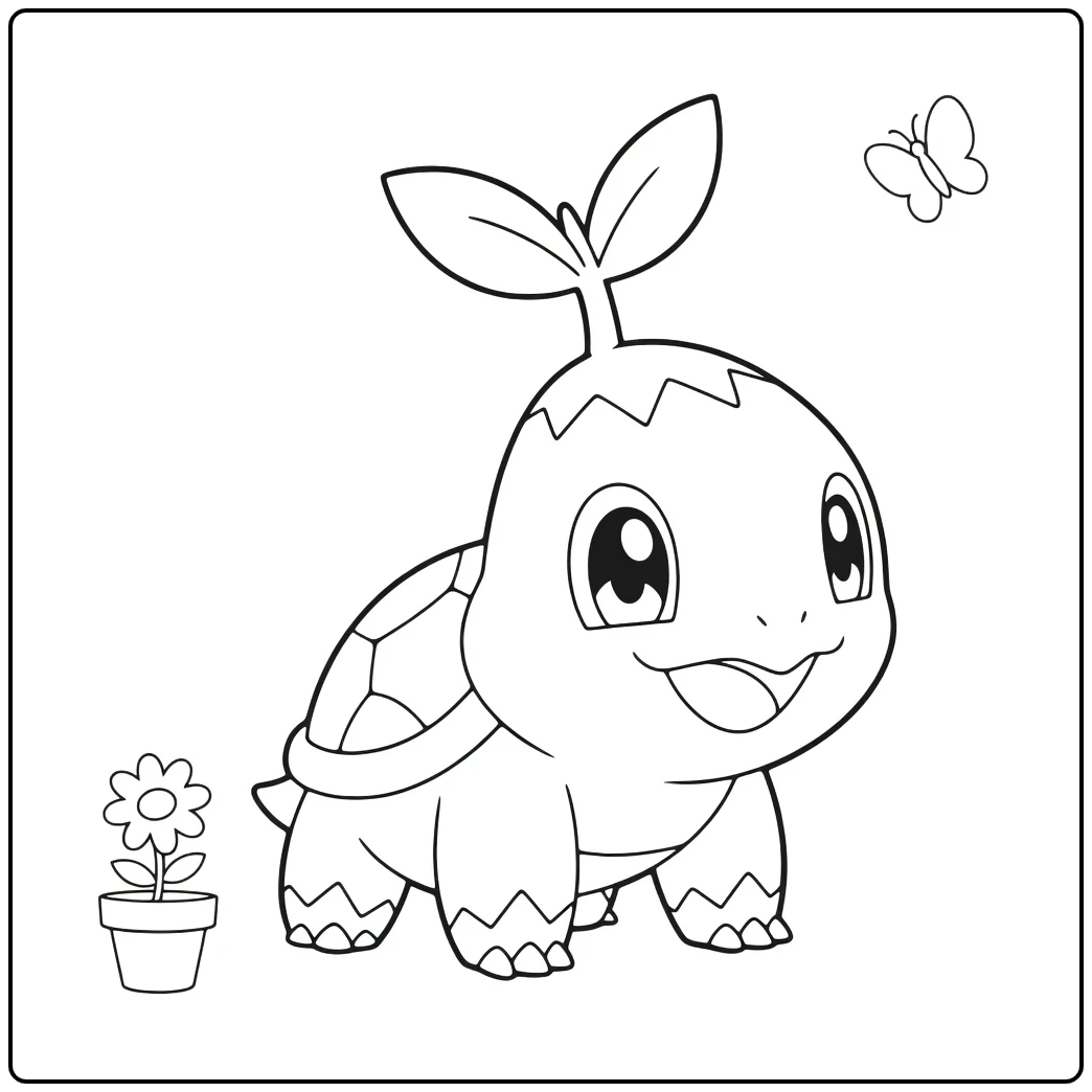 Turtwig Happy Pokemon Turtle with Butterfly and Pot coloring page
