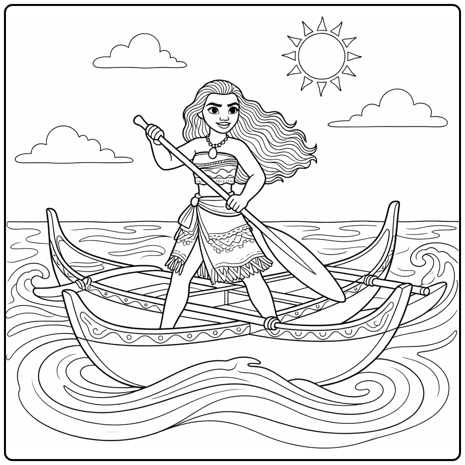 Moana Heroic Pose at Bow with Paddle coloring page