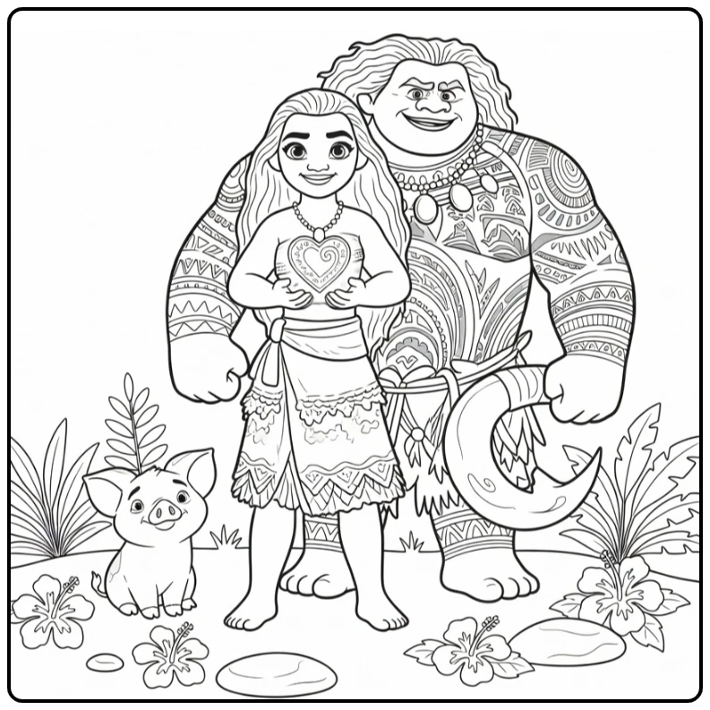 Moana Maui and Pua on Island coloring page