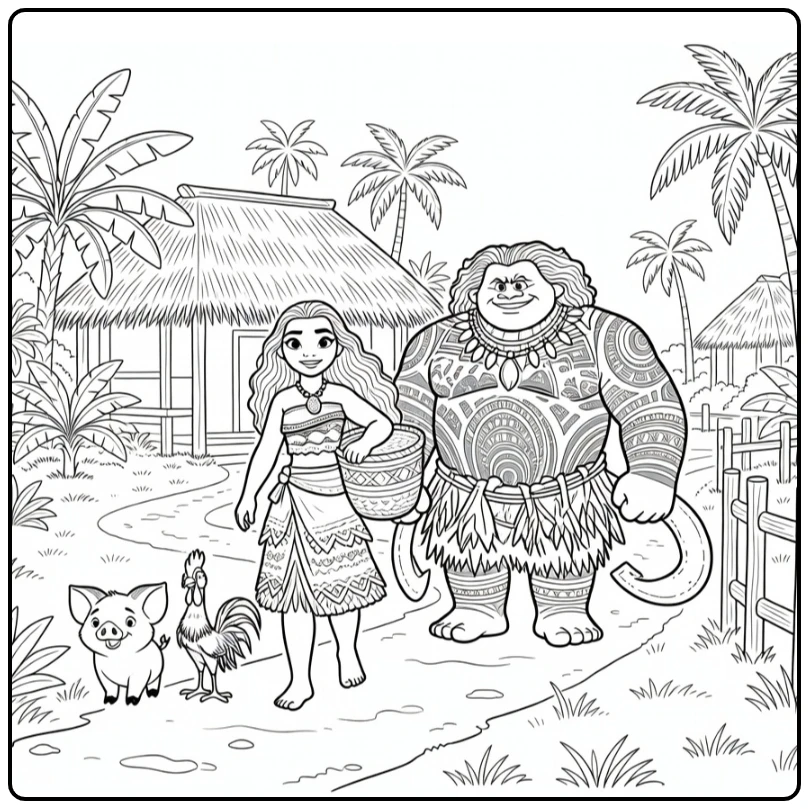 Moana and Maui Through Village with Animals coloring page