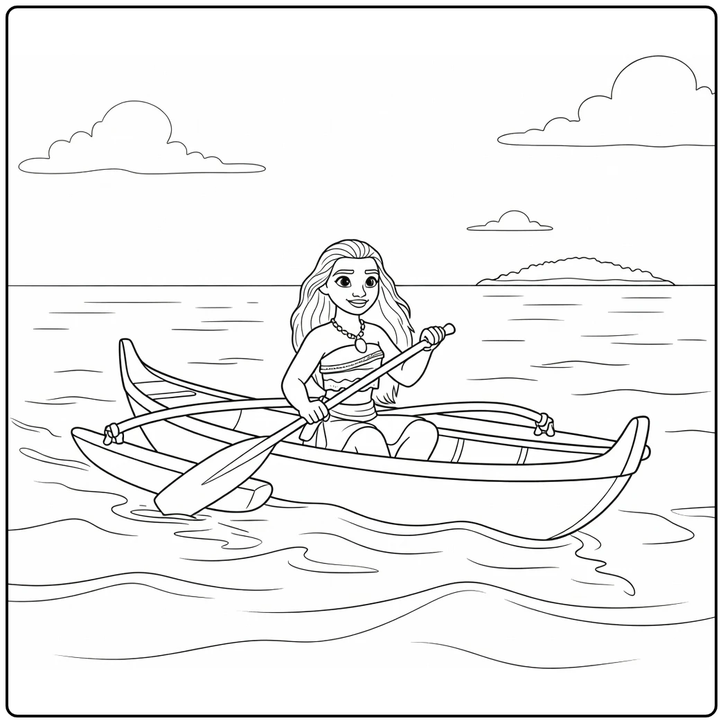 Moana in Canoe with Island and Clouds coloring page