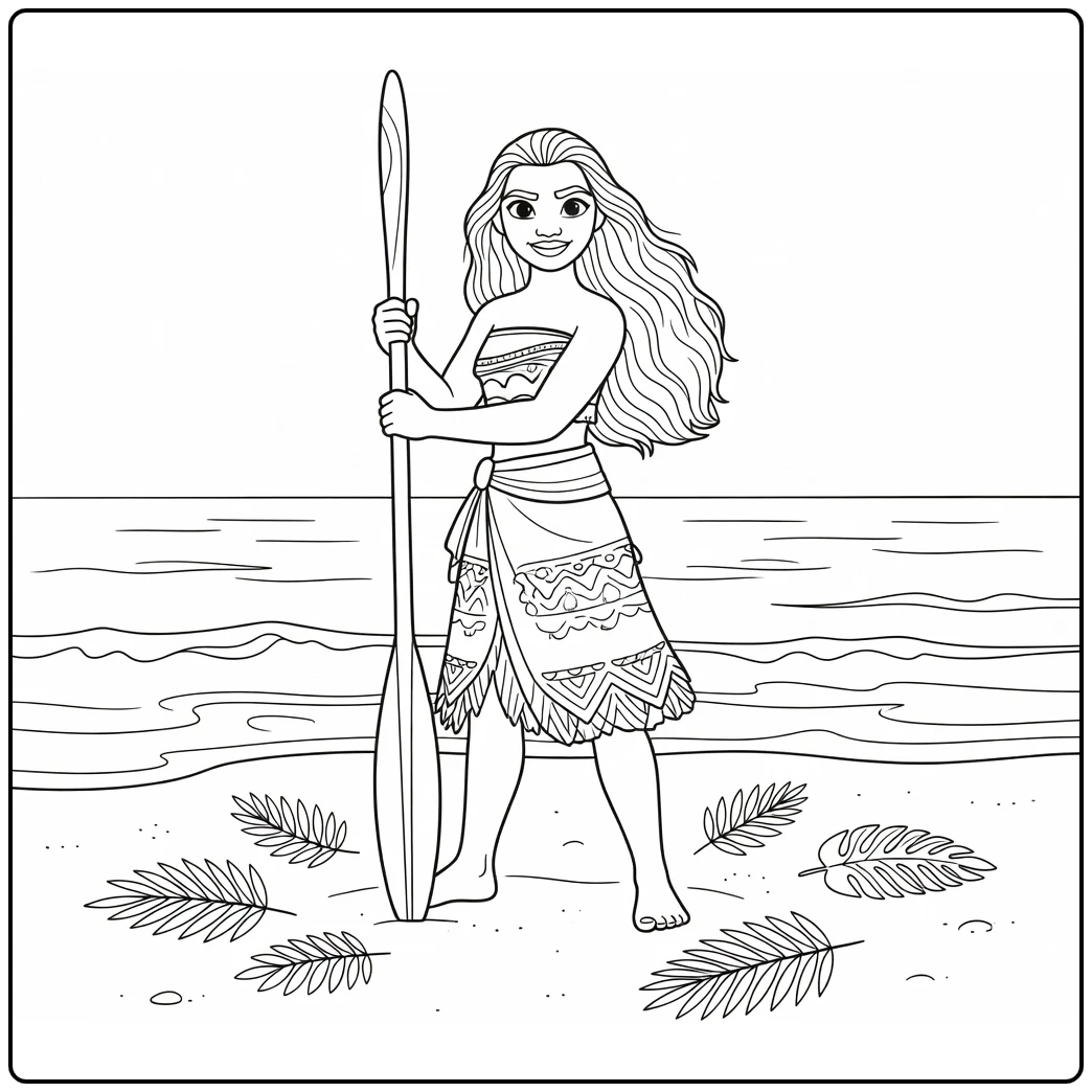 Moana coloring page on a sandy beach with a paddle and ocean waves