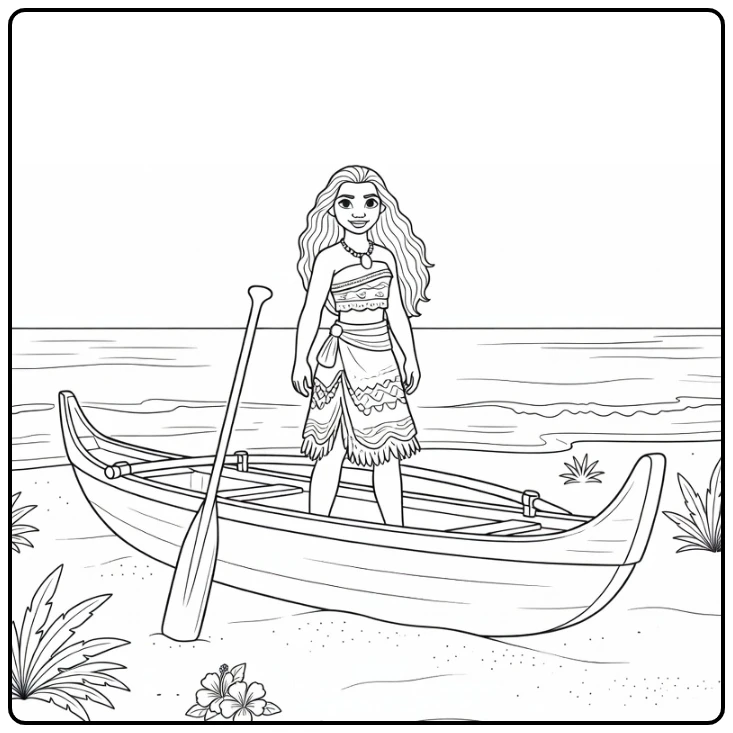 Moana Proudly Next to Canoe on Beach coloring page
