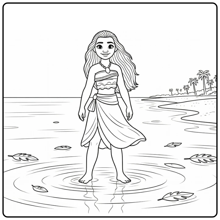 Moana Standing in Water with Floating Leaves Tropical coloring page