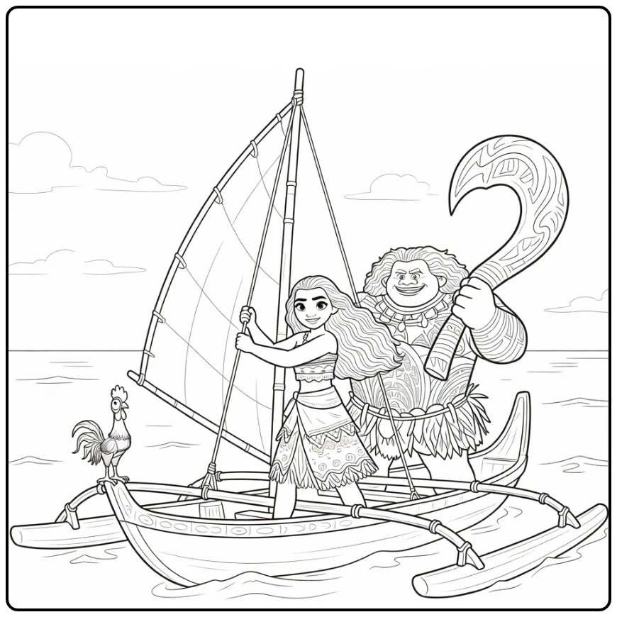 Moana Sailing with Maui's Fish Hook on Sea coloring page