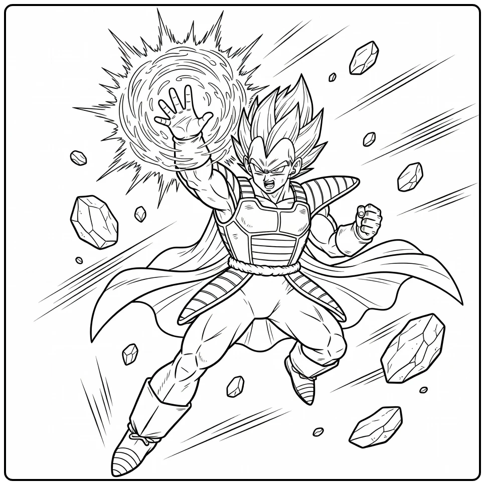 Vegeta in Dynamic Pose with Powerful Blast coloring page