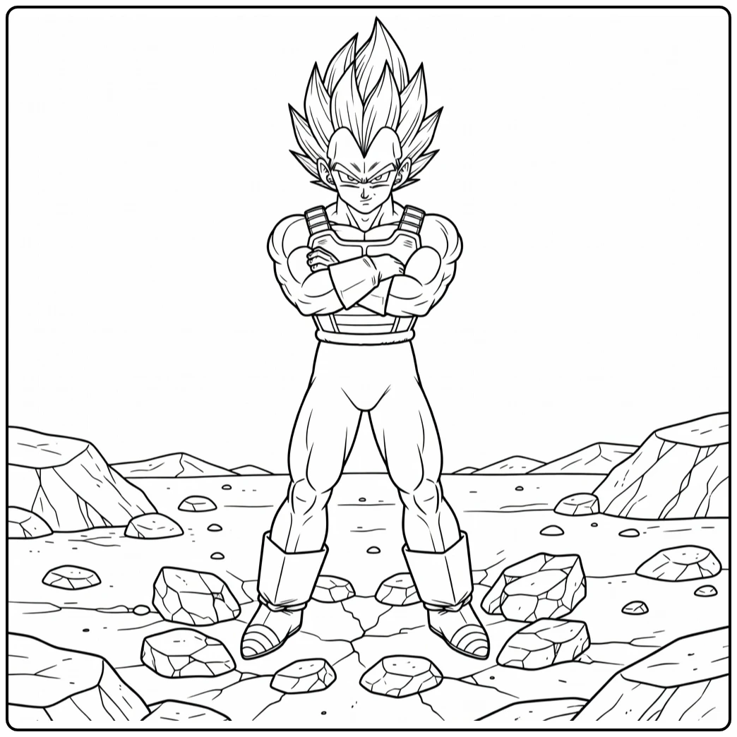Vegeta coloring page standing with crossed arms on a rocky battlefield