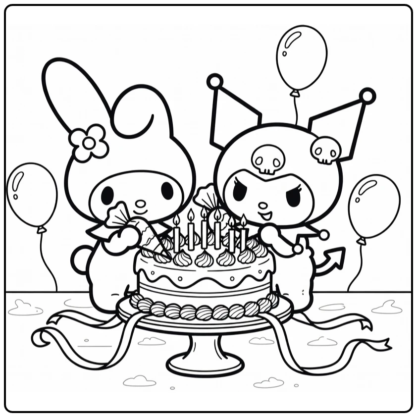 My Melody and Kuromi Decorating a Birthday Cake coloring page