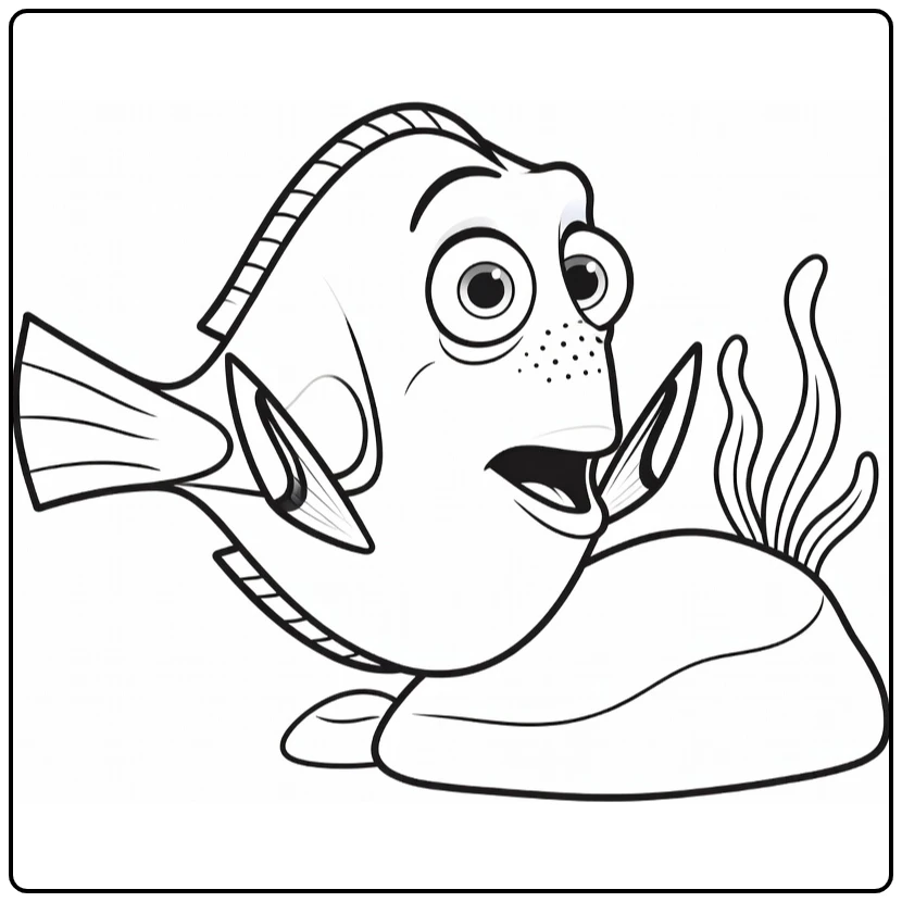 verraste Dory coloring page with rock and zeewierbladeren