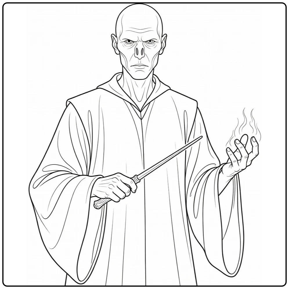 Voldemort Harry Potter coloring page casting dark magic with his wand