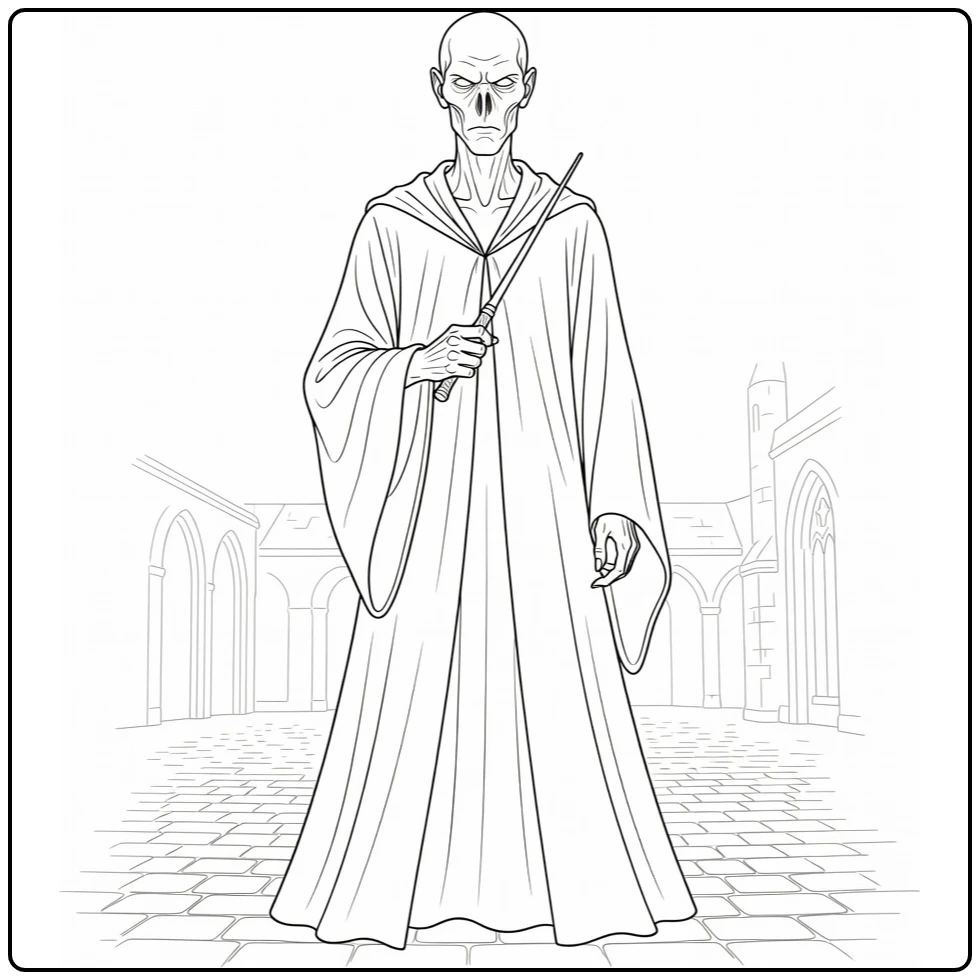 Voldemort Harry Potter Full Pose with Robe and Staff coloring page