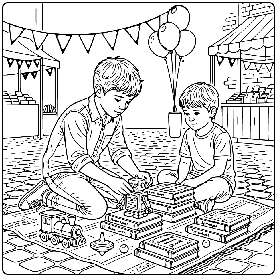 Flea Market King's Day Boy Browsing Stall coloring page