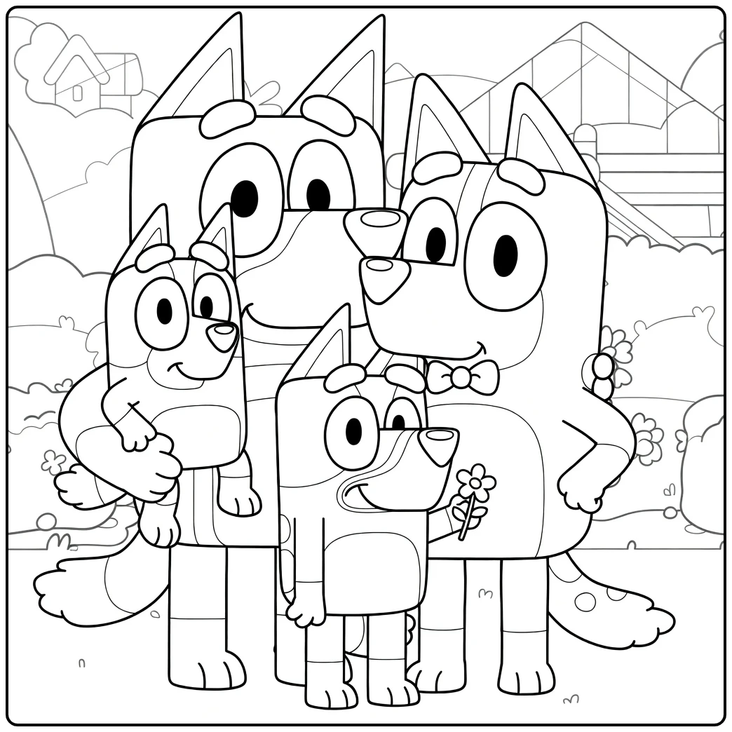 Cheerful Bluey Family Posing Together coloring page