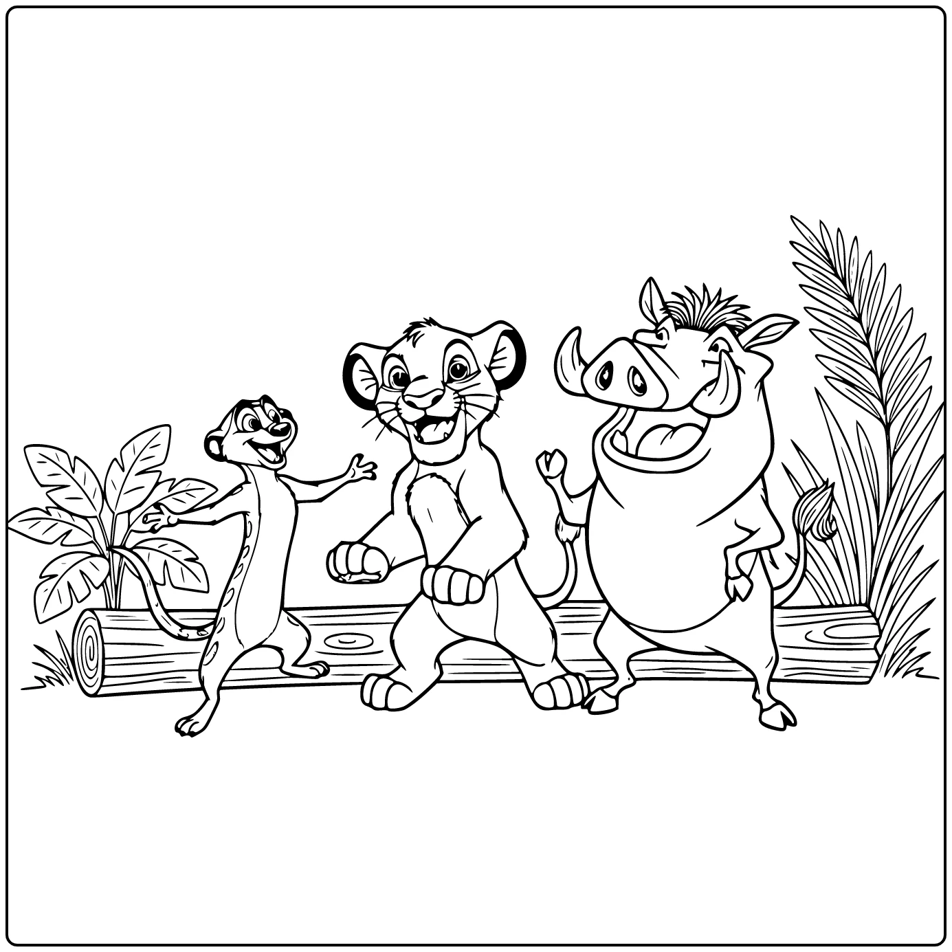 Cheerful The Lion King with Simba in the Center with Timon and Pumbaa coloring page