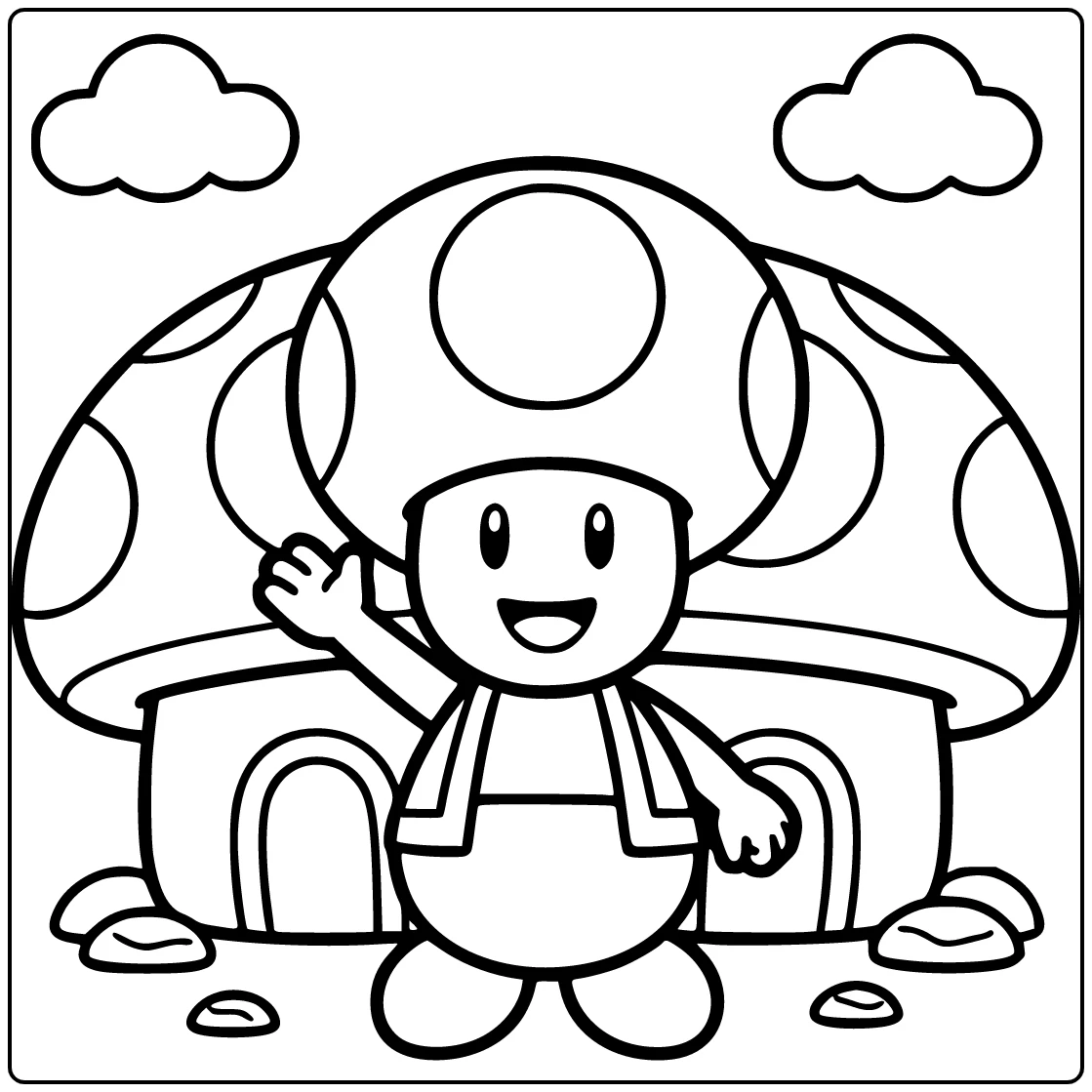 Cheerful Waving Next to Giant Hedge Toad Mario coloring page