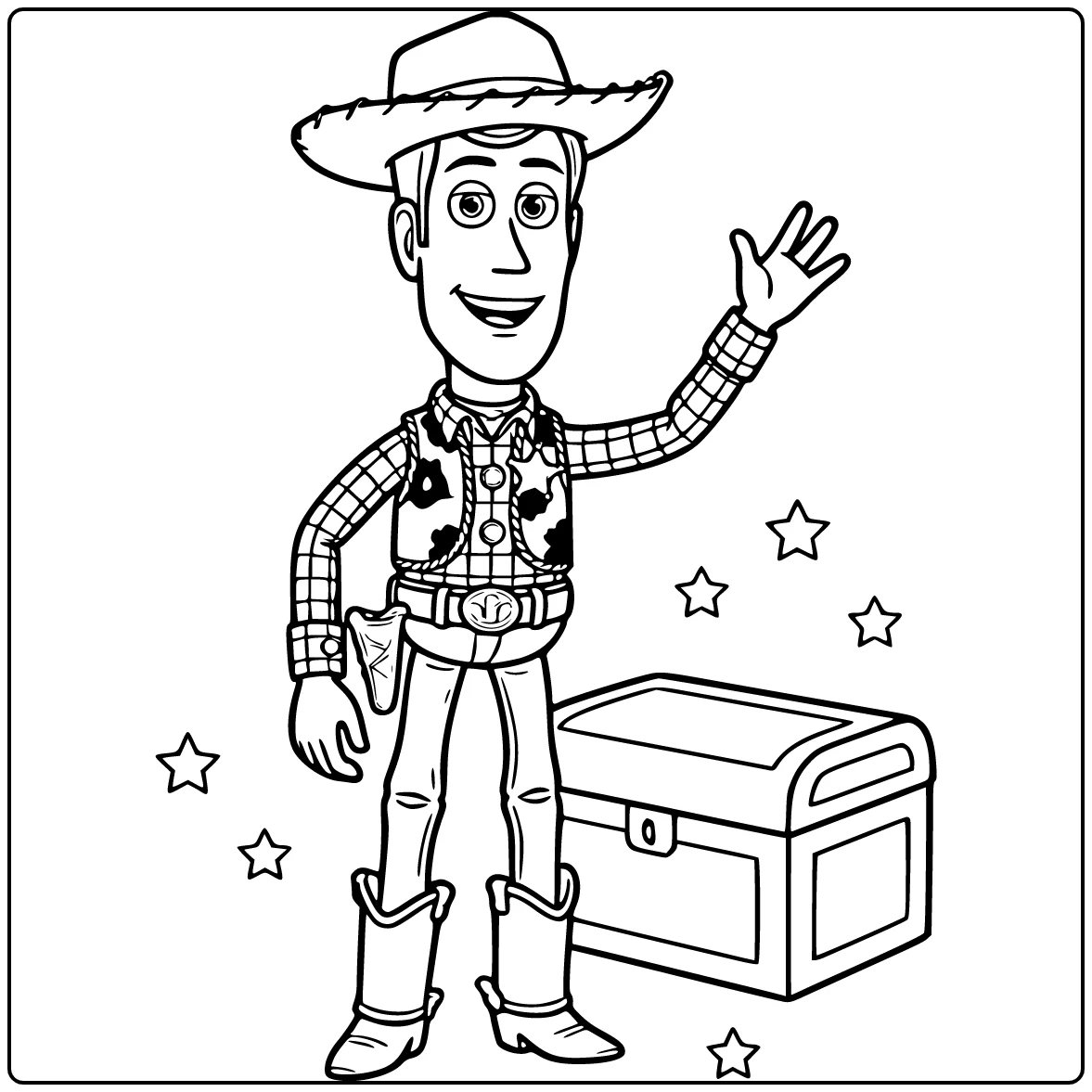Woody coloring page waving happily next to a toy chest