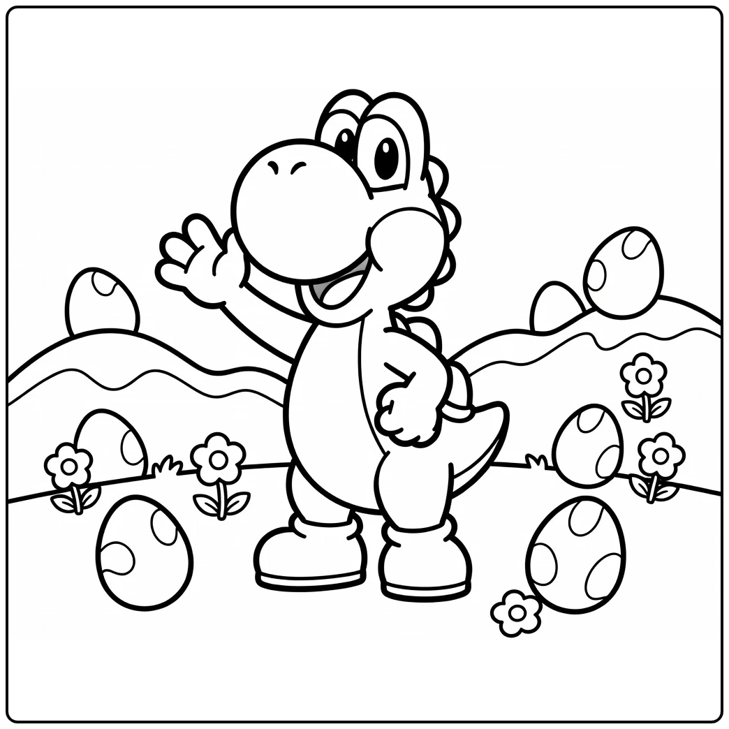 Cheerful Yoshi Eggs Hills and Flowers coloring page