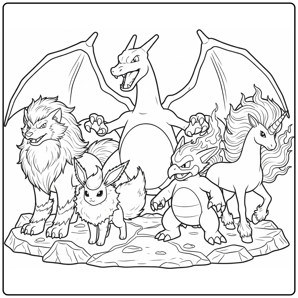 Fire Pokemon coloring page with Charizard, Arcanine, Flareon, Magmar, and Rapidash
