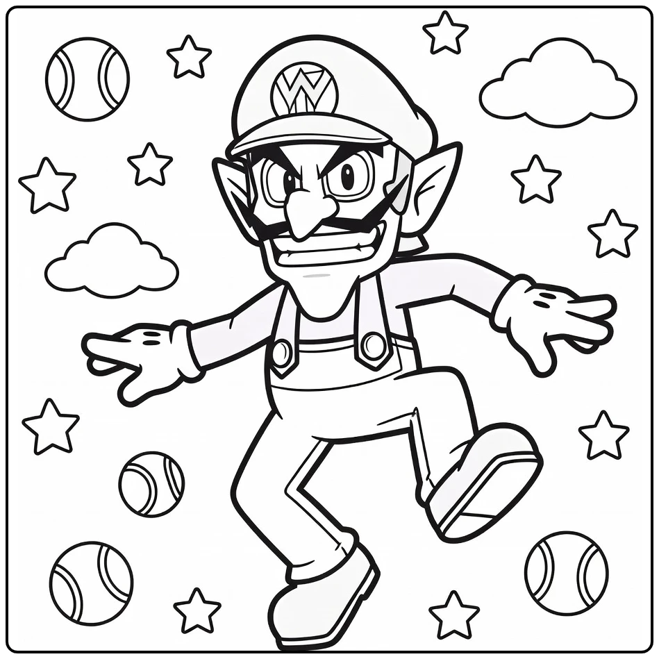 Playful Waluigi with Grin and Stars coloring page