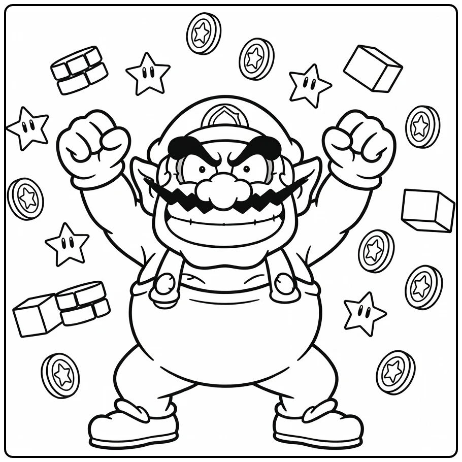 Wario Stars Blocks Action Pose coloring page