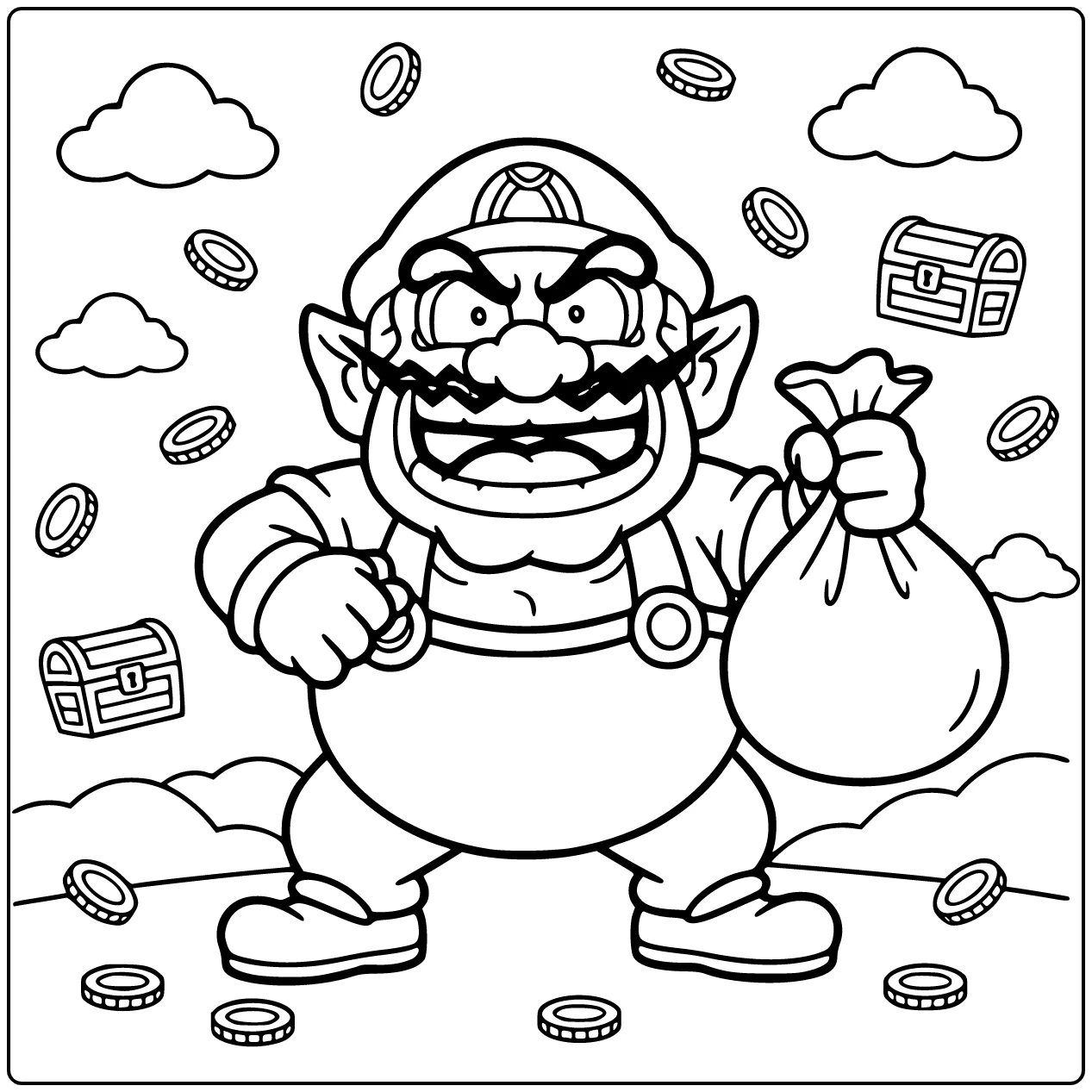 Smiling Wario with a Coin Bag coloring page