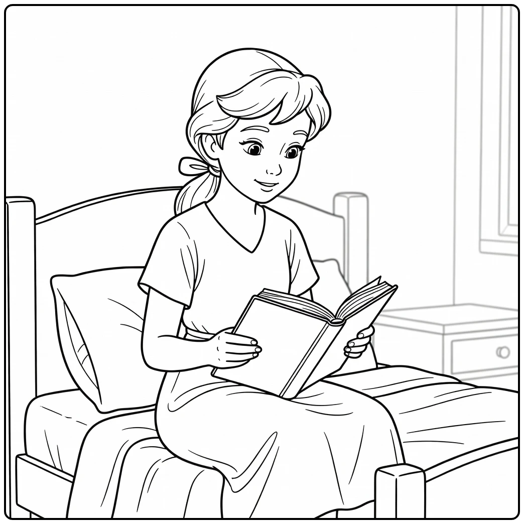 Wendy Darling Sitting Reading on Bed coloring page