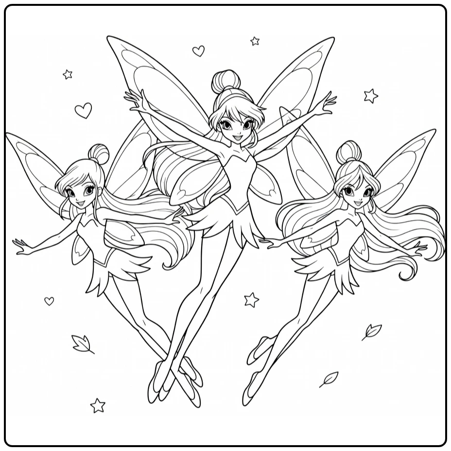 Winx Club Bloom in the Center with Aisha Flora Fairy Team coloring page
