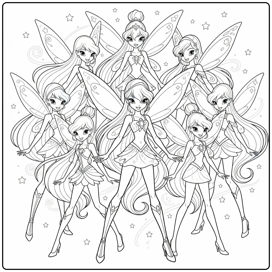 Club Bloom and Winx Friends with Stars Swirls coloring page