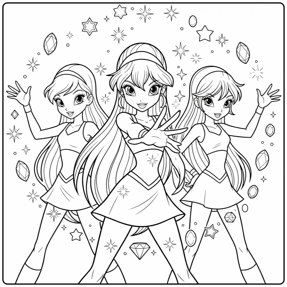 Winx Club Bloom Stella and Tecna in Action coloring page