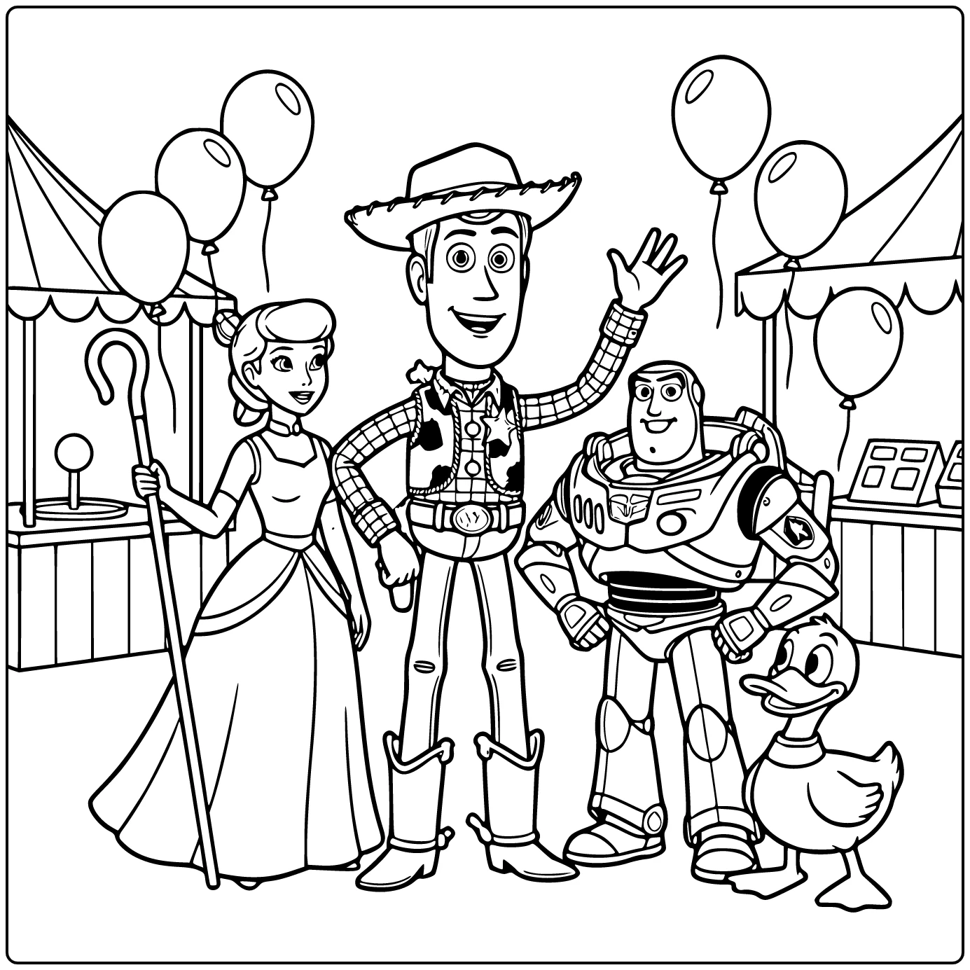 Toy Story coloring page with Woody and Bo Peep at a carnival