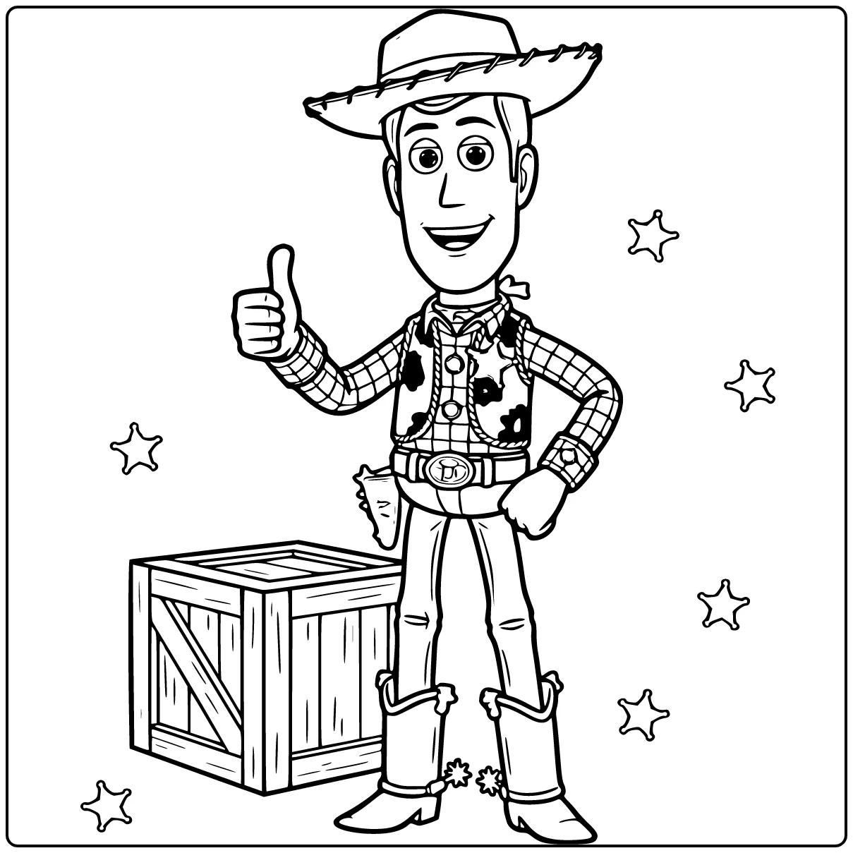 Woody coloring page giving a thumbs up with a bright smile
