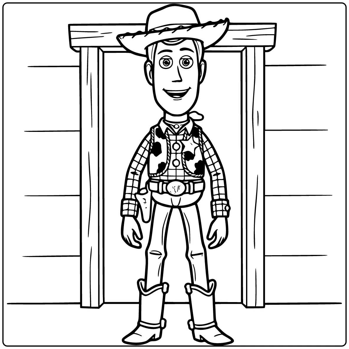 Woody coloring page standing by a saloon door with cowboy boots