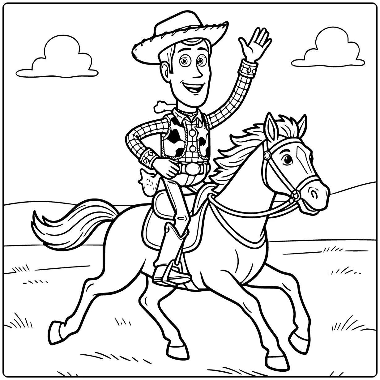 Woody coloring page riding Bullseye with a cheerful smile
