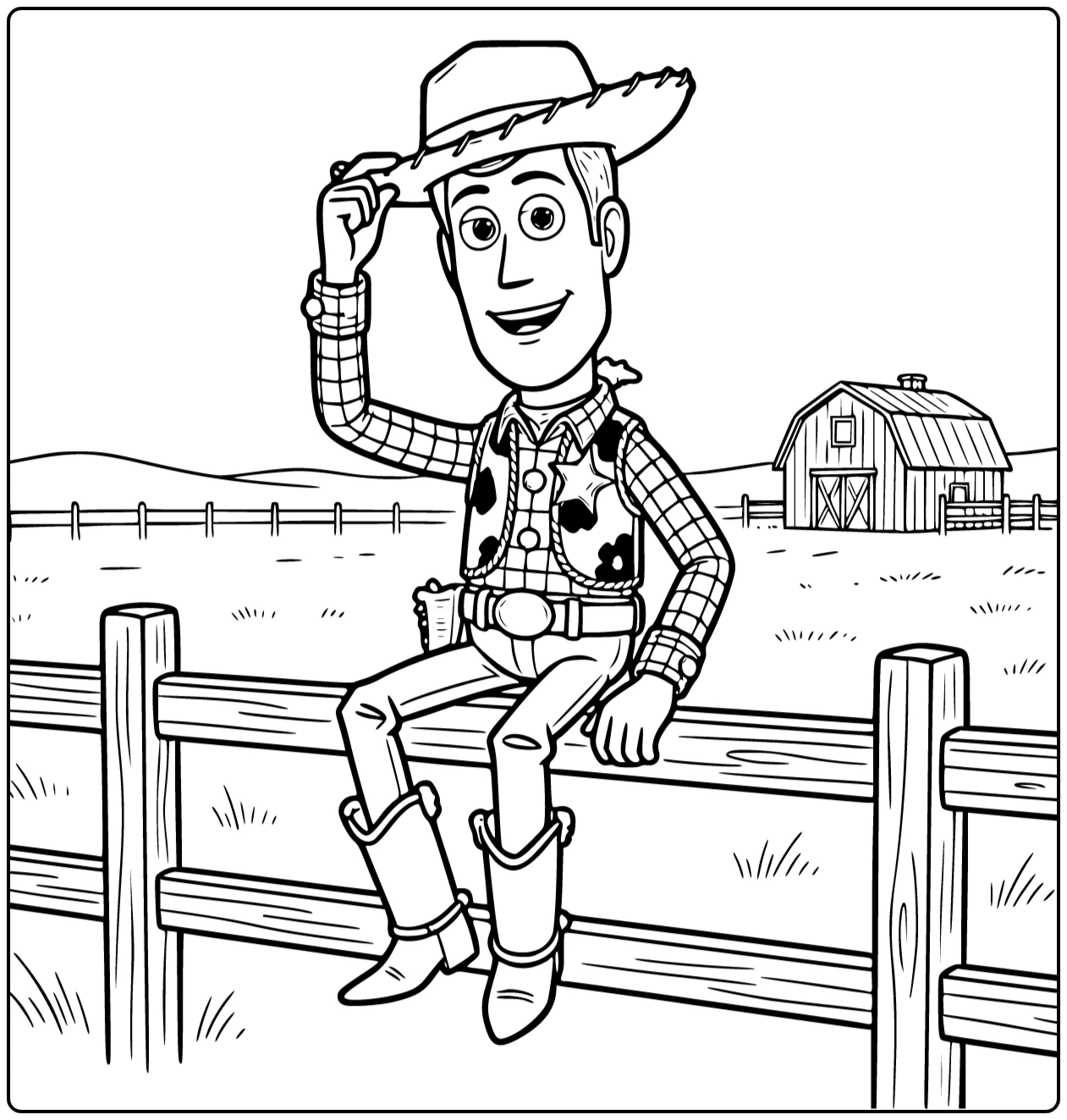 Woody coloring page sitting on a wooden fence and tipping his hat