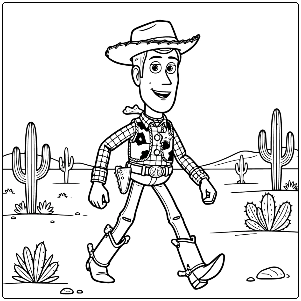 Woody coloring page walking forward with an adventurous expression