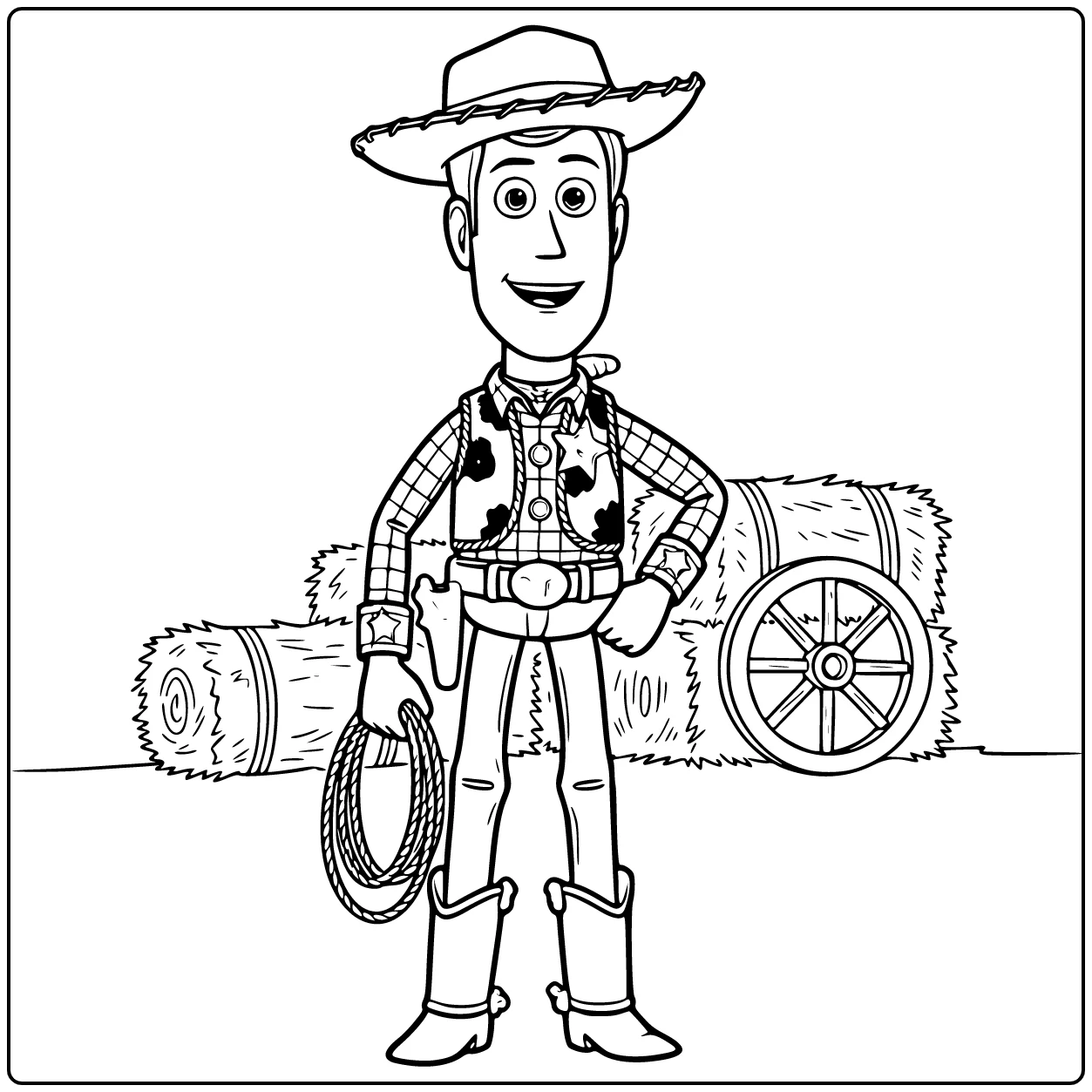 Woody coloring page holding a coiled rope with a happy grin