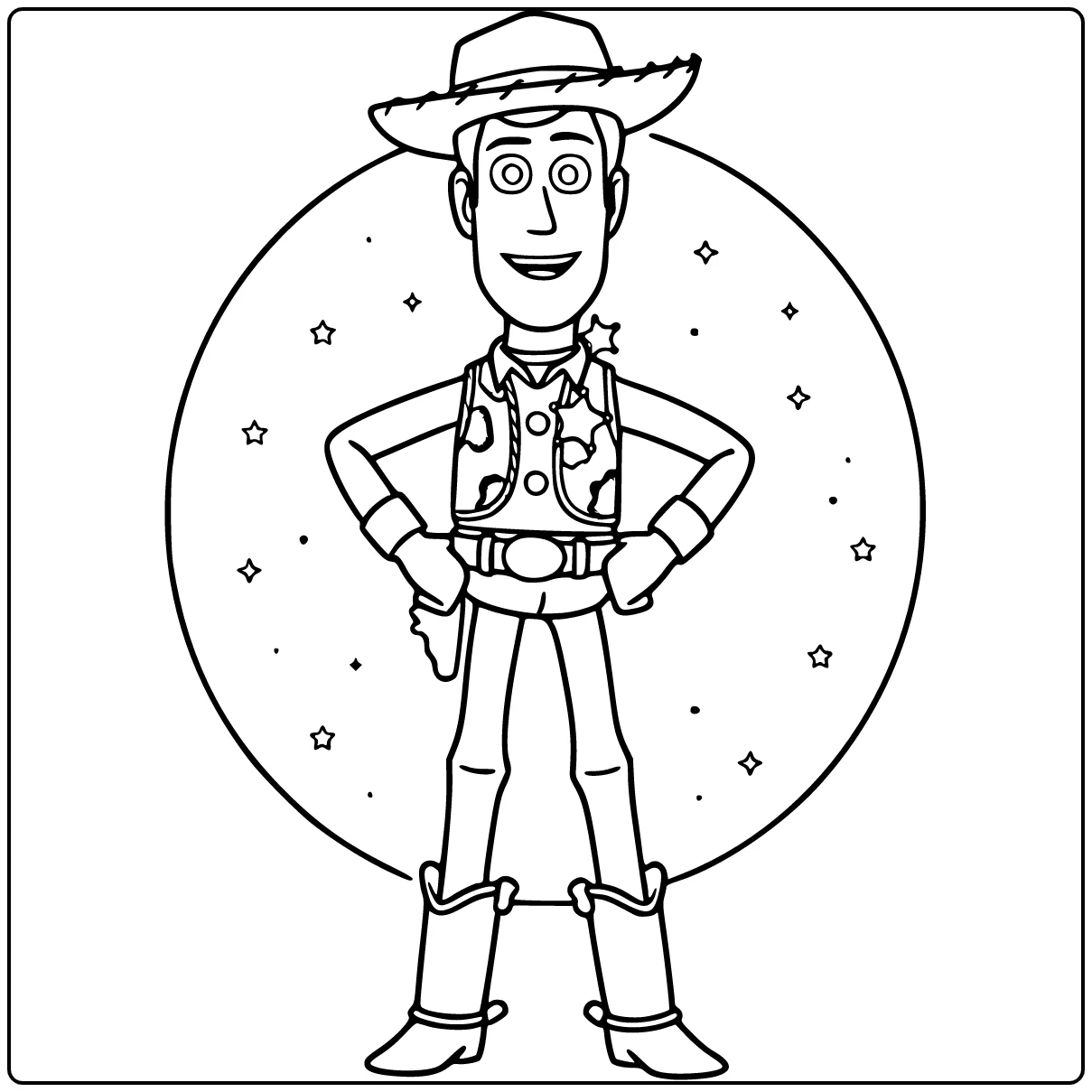 Woody coloring page standing proudly with hands on hips