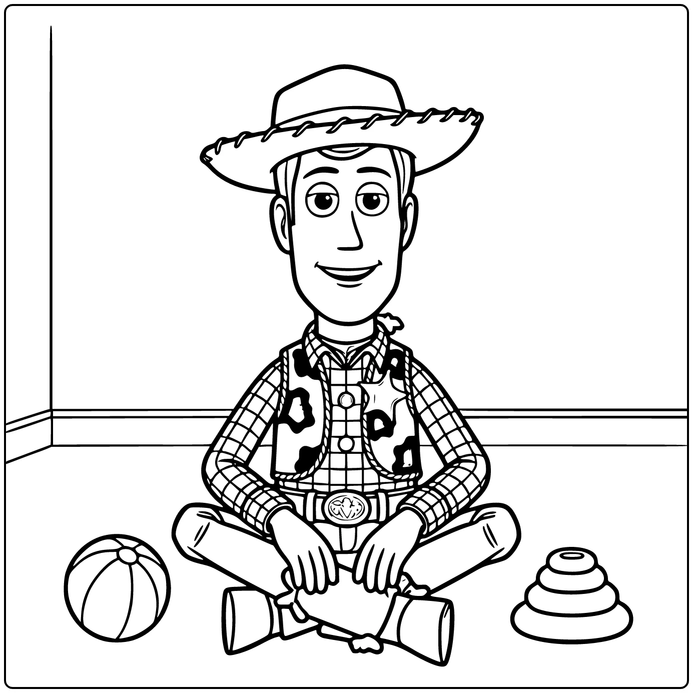Woody coloring page sitting cross-legged with a relaxed smile