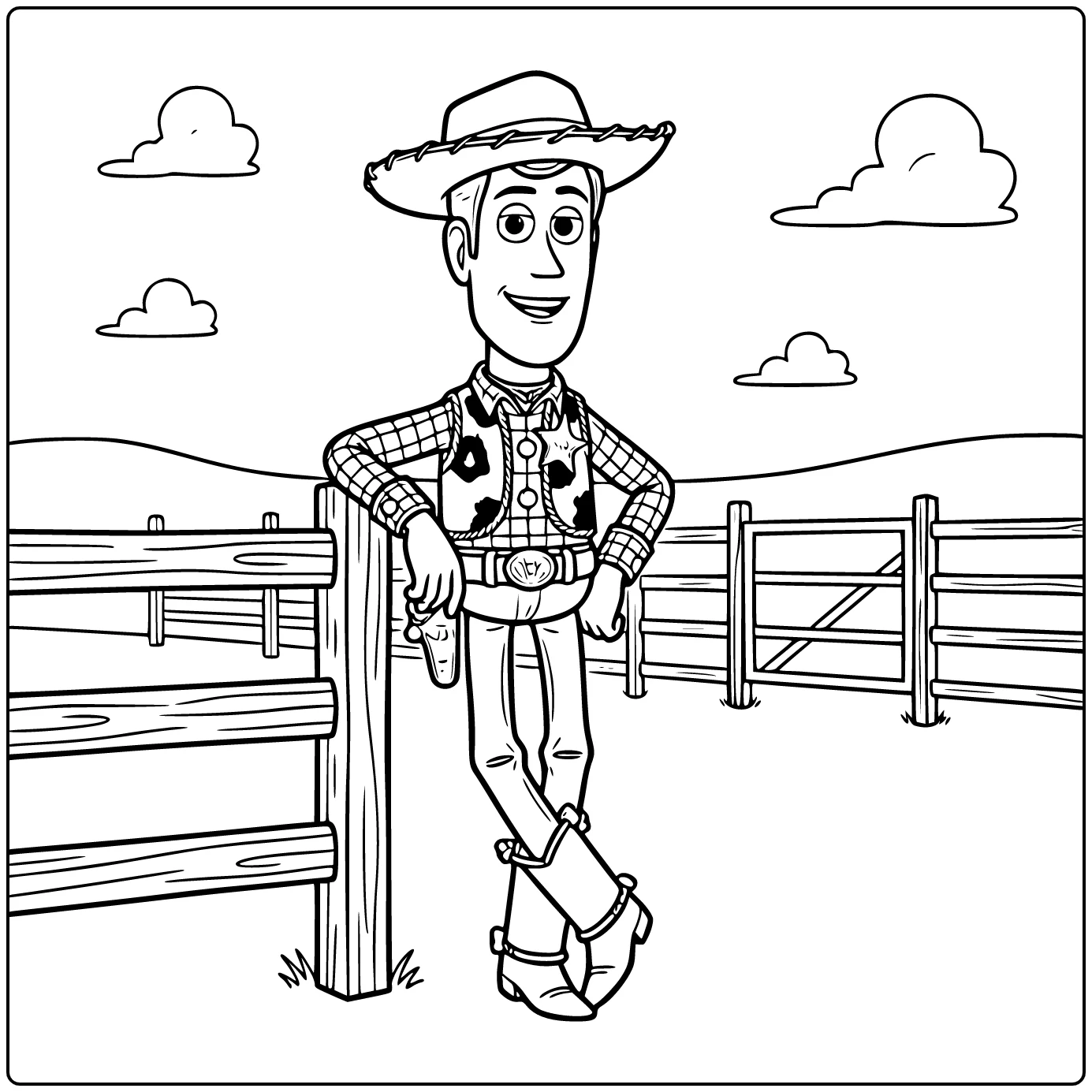 Woody coloring page leaning against a fence with crossed boots