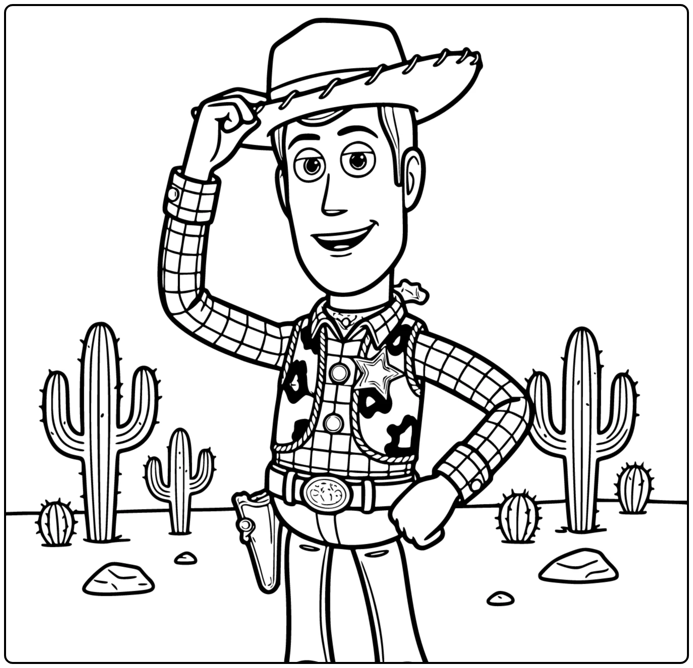 Woody coloring page with a confident cowboy pose and hat