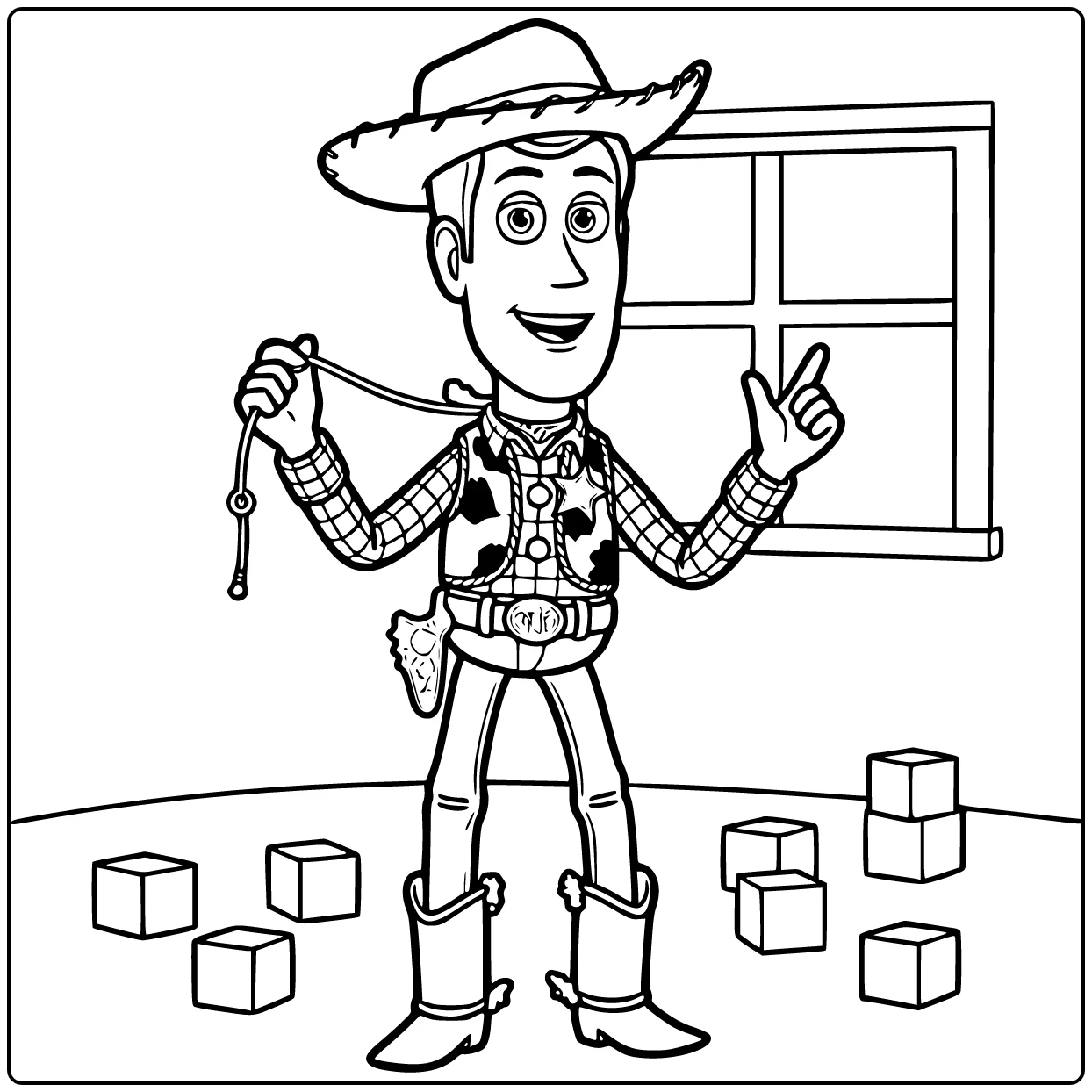 Woody coloring page holding his pull string with a surprised look